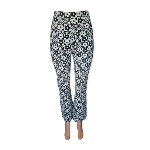 Y2K Retro 70's Floral Print High‎ Rise Flare Leggings Black White - Picture 1 of 9